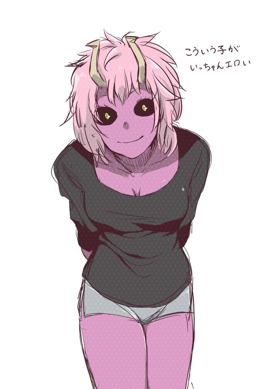 1girl, arms_behind_back, ashido_mina, bent_over, black_sclera, black_shirt, boku_no_hero_academia, breasts, cleavage, constricted_pupils, gokujou_no_kaeru-yaki, highres, horns, looking_at_viewer, pink_hair, purple_skin, shirt, short_hair, simple_background, skirt, smile, solo, white_background, yellow_eyes