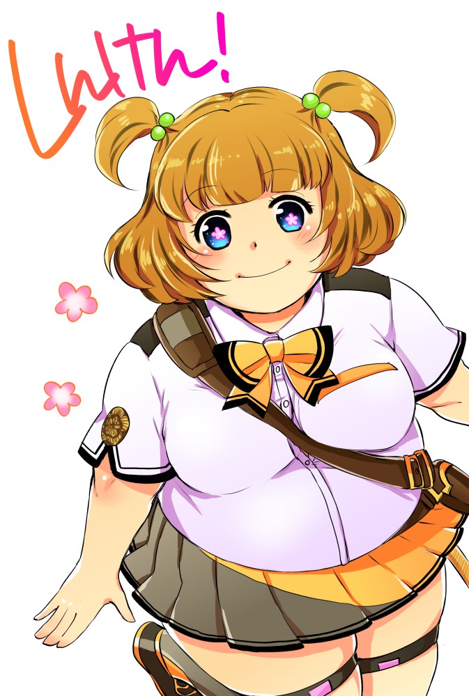 1girl, big_belly, blue_eyes, blush, breasts, brown_hair, copyright_name, flower