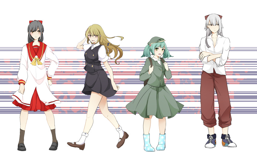 4girls, adapted_costume, aqua_hair, averting_eyes, backpack, bag, black_hair, blonde_hair