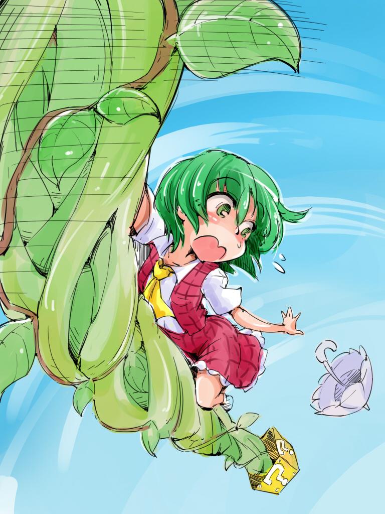 1girl, ?_block, alternate_eye_color, ascot, beanstalk, check_translation, climbing, clouds