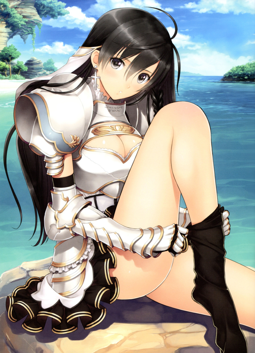 1girl, absurdres, armor, black_hair, black_legwear, breastplate, breasts, cleavage