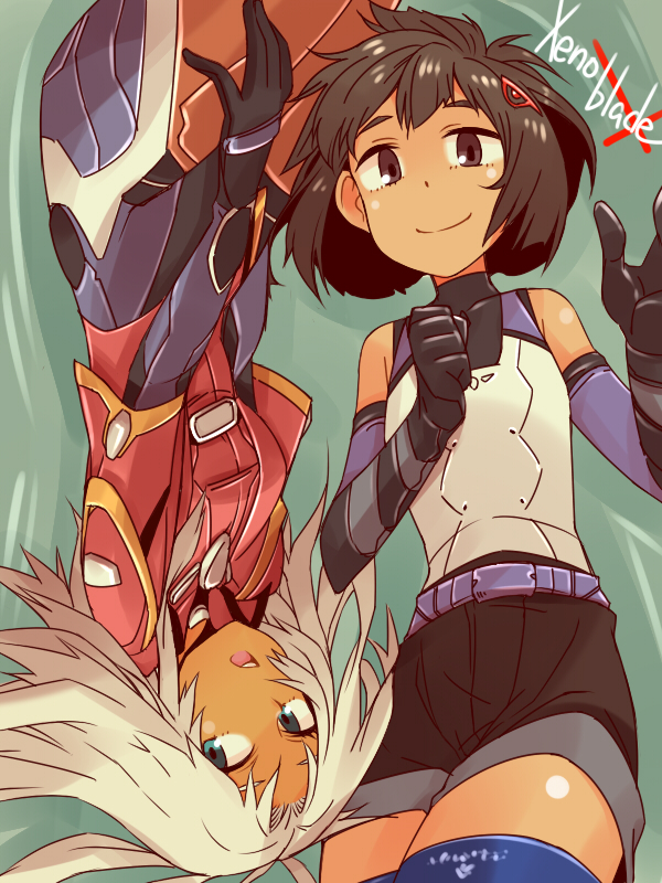 2girls, armor, black_eyes, black_hair, dark_skin, elma_(xenoblade_x), hair_ornament, hairclip, lynlee_kuu, multiple_girls, shorts, suo_(sndrta2n), upside-down, white_hair, xenoblade_chronicles_x