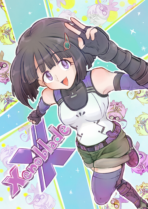 1girl, black_eyes, black_hair, hair_ornament, hairclip, hamura_yuuki, lynlee_kuu, shorts, solo, tatsu_(xenoblade_x), violet_eyes, xenoblade_chronicles_x