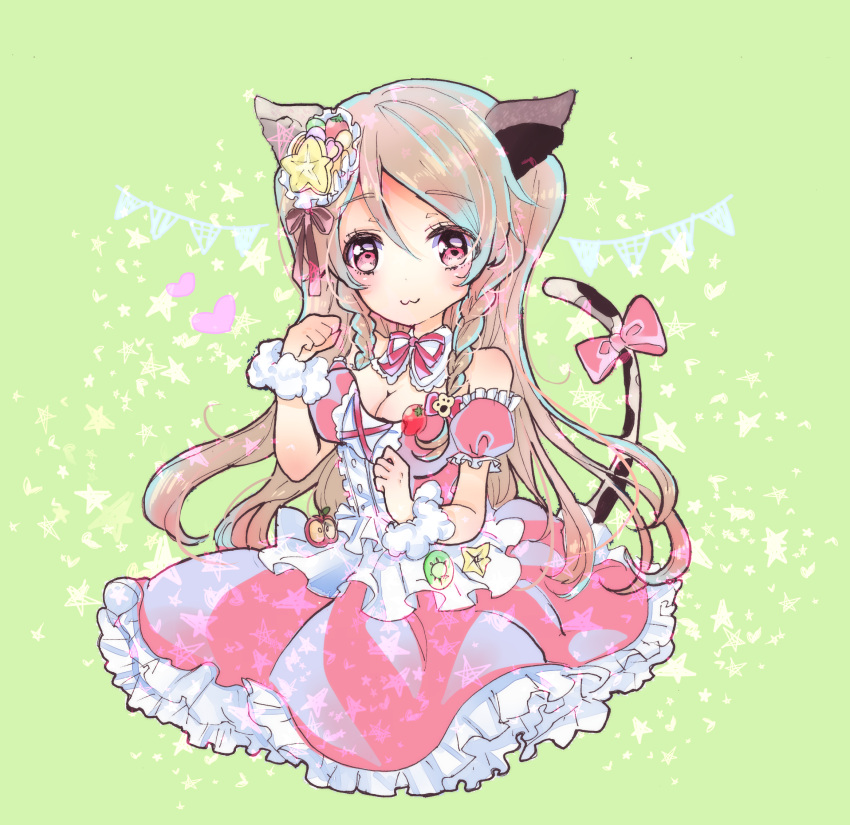 1girl, :3, animal_ears, bow, braid, breasts, brown_hair, cat_ears, cat_tail, cleavage, detached_collar, dress, frilled_dress, frills, girlfriend_(kari), hair_ornament, highres, kohinata_ichigo, long_hair, looking_at_viewer, paw_pose, pink_eyes, sakura_hinata, solo, tail, tail_bow, wristband