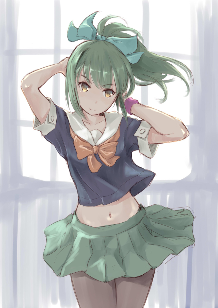 1girl, absurdres, arms_up, black_legwear, bow, brown_eyes, green_hair, hair_bow