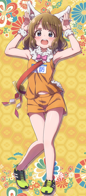1girl, animal_ears, animal_pose, arms_up, blue_eyes, blush, brown_hair, gym_uniform