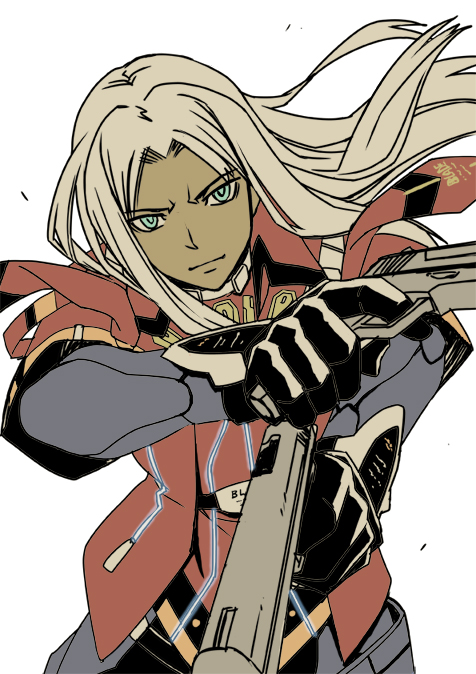 1girl, armor, blue_eyes, dark_skin, decoponmagi, dual_wielding, elma_(xenoblade_x), gun, handgun, long_hair, solo, weapon, white_hair, xenoblade_chronicles_x