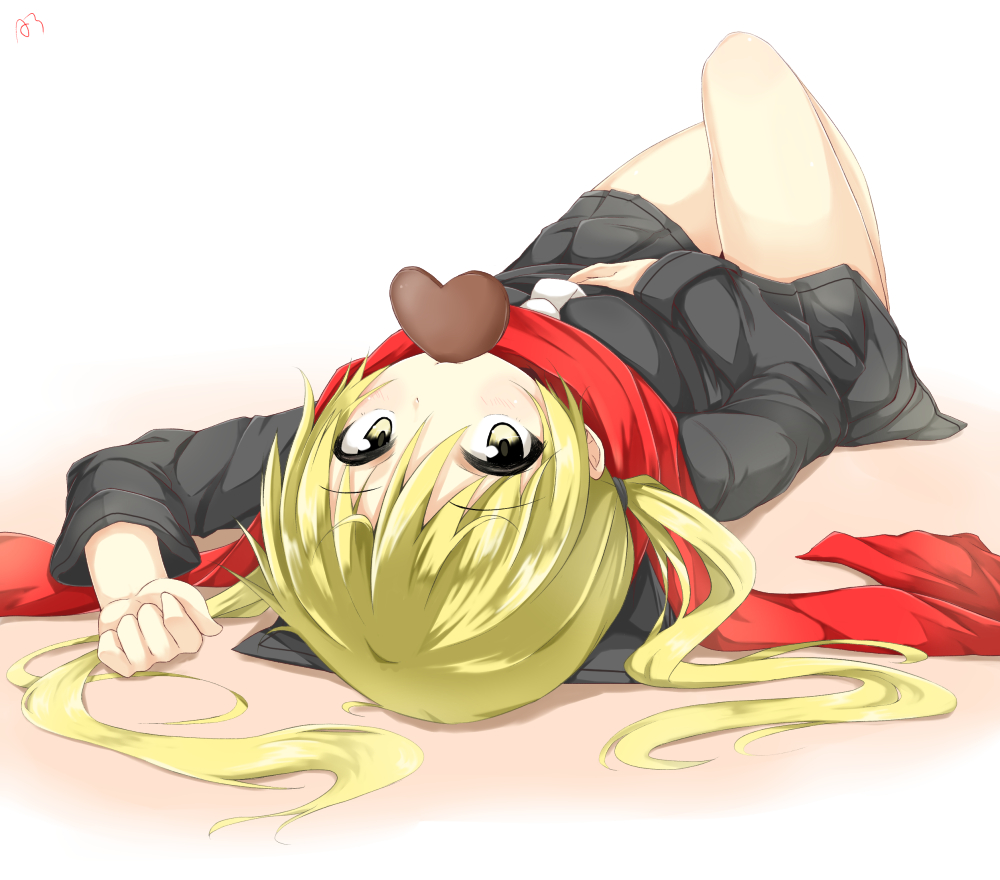 1girl, black_serafuku, blonde_hair, chocolate, chocolate_heart, hand_on_own_stomach, heart, kantai_collection