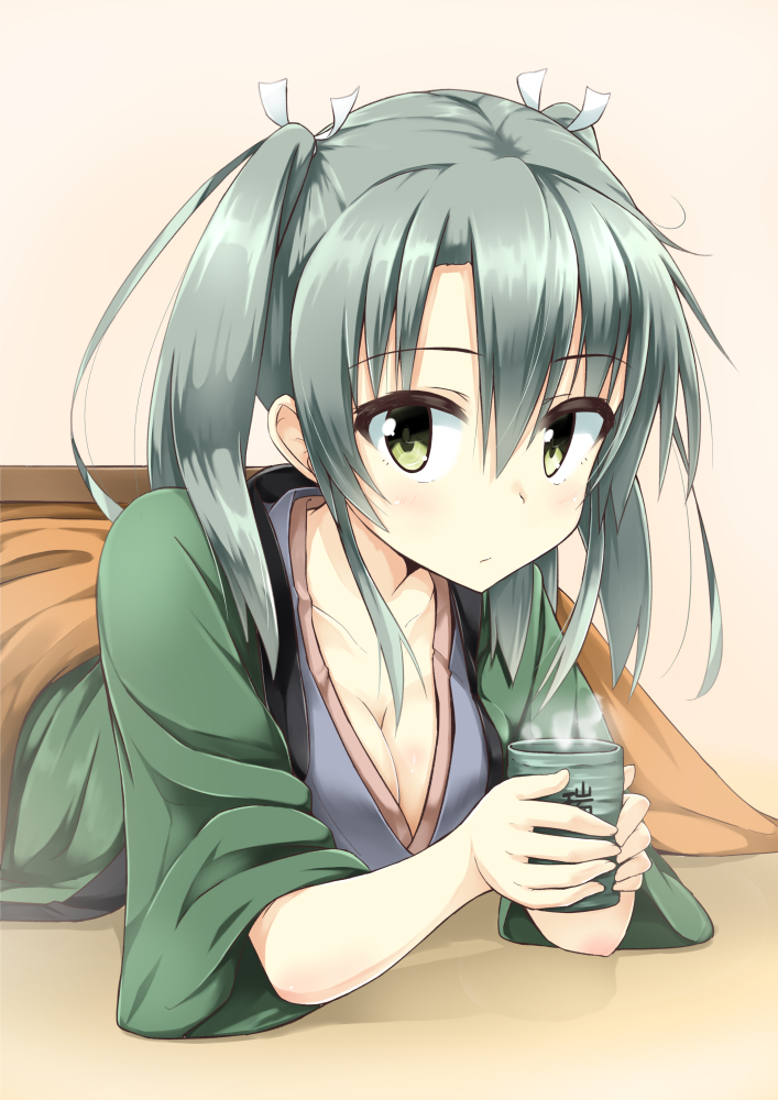 1girl, breasts, cleavage, cup, green_eyes, grey_hair, hair_ribbon, japanese_clothes, kantai_collection, kotatsu, looking_at_viewer, lying, on_stomach, remodel_(kantai_collection), ribbon, solo, sun_hoshi, table, teacup, twintails, under_kotatsu, under_table, zuikaku_(kantai_collection)