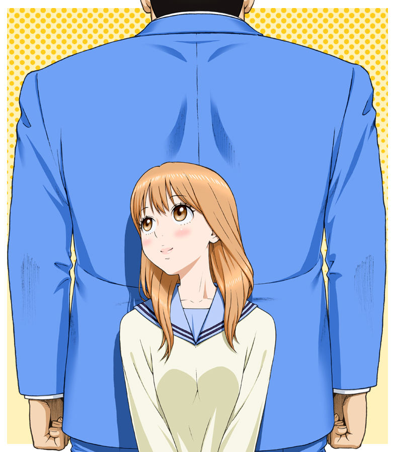 1boy, 1girl, back-to-back, blazer, brown_eyes, brown_hair, gouda_takeo, height_difference, ichikawa_masahiro, ore_monogatari!!, polka_dot, polka_dot_background, school_uniform, size_difference, smile, yamato_rinko