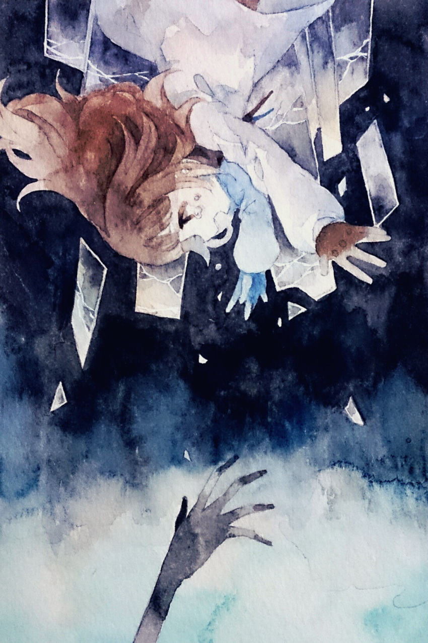 1girl, brown_hair, deemo, deemo_(character), falling, girl_(deemo), glass_shards, highres