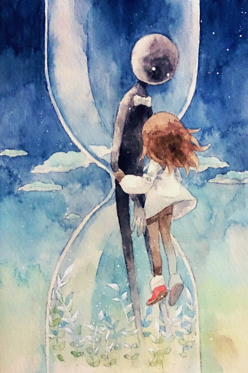 1girl, ankle_boots, boots, brown_hair, clouds, deemo, deemo_(character), floating