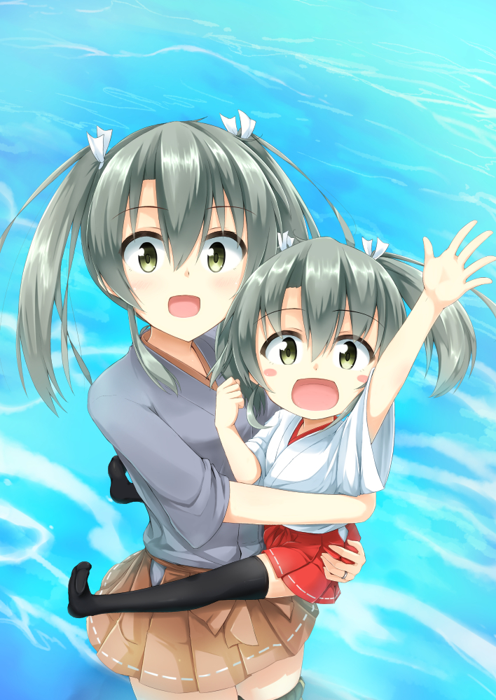 2girls, :d, arm_up, black_legwear, blush_stickers, brown_skirt, carrying, child