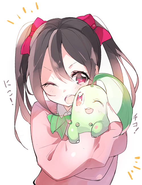 1girl, atsumi_jun, black_hair, chikorita, crossover, hair_ribbon, hug, leaf