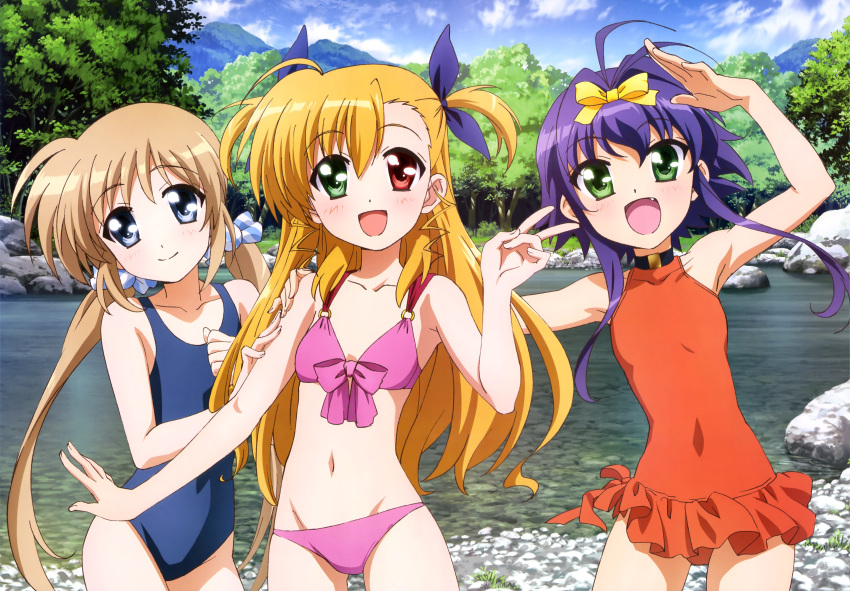 3girls, :d, absurdres, bare_shoulders, bikini, blonde_hair, blue_eyes, blush