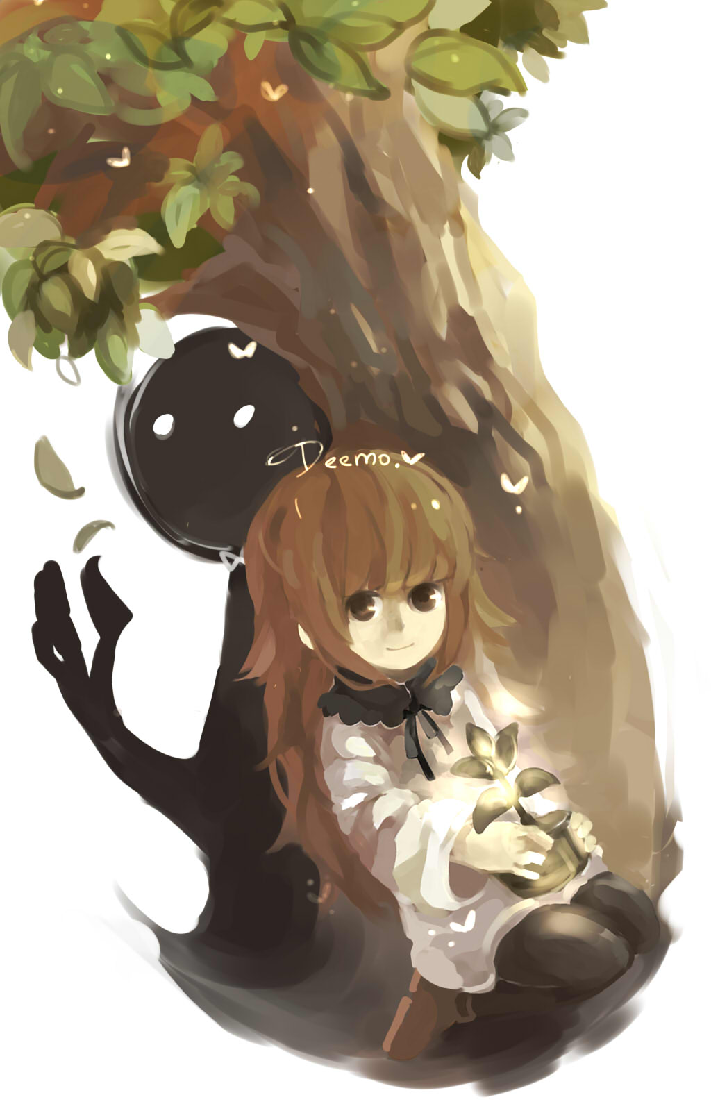 1girl, brown_hair, deemo, deemo_(character), dress, dutch_angle, girl_(deemo), heidyw, highres, plant, potted_plant, sitting, tree