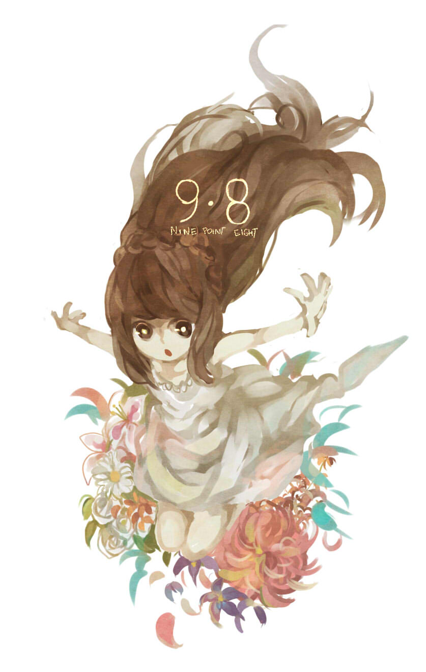 1girl, :o, brown_hair, deemo, dress, falling, flower, girl_(deemo)
