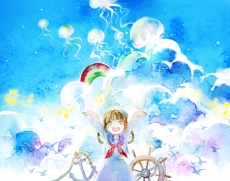 anchor, arms_up, bird, braid, brown_hair, clouds, deemo, girl_(deemo)