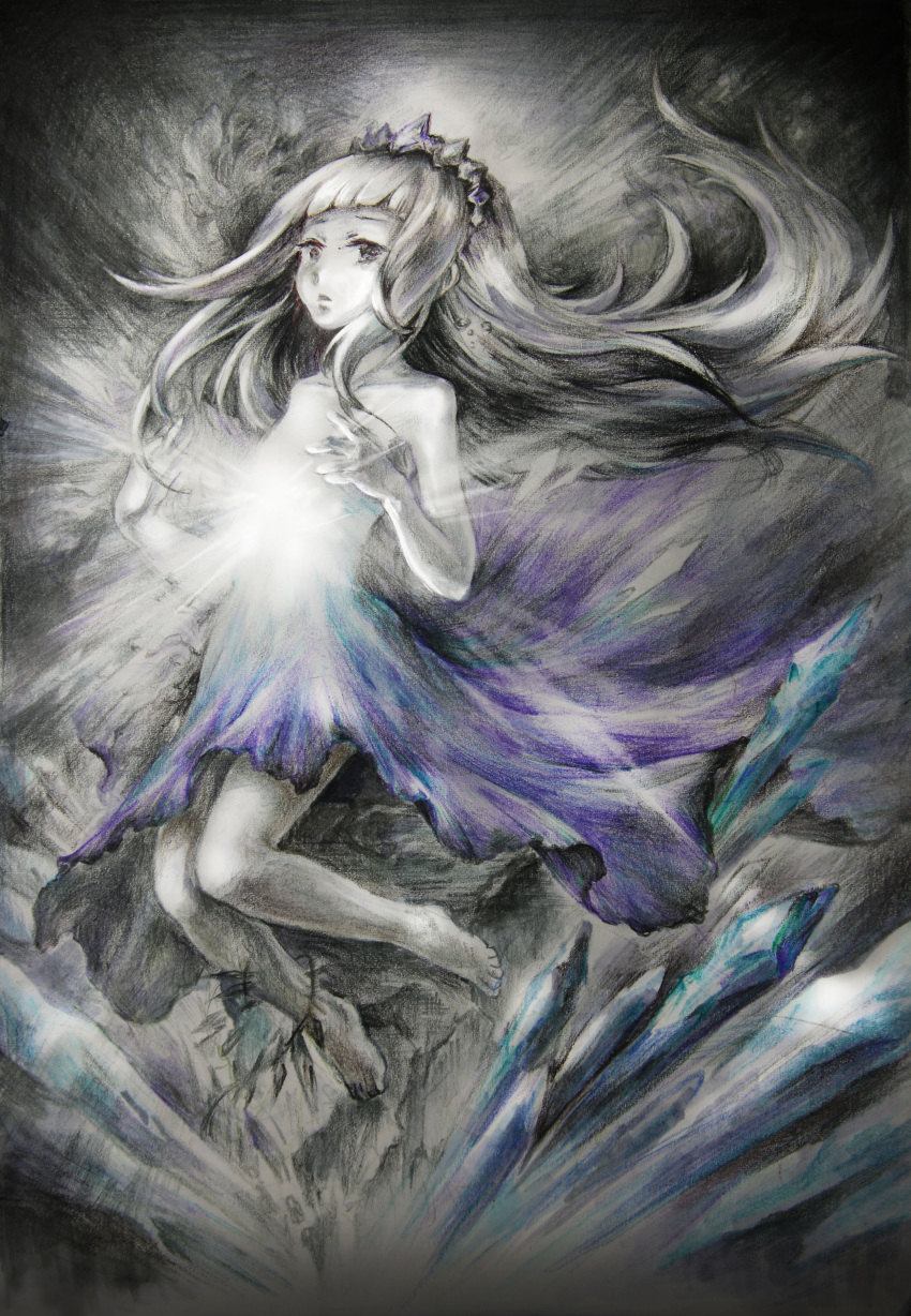 1girl, absurdres, barefoot, crystal, deemo, dress, expressionless, floating