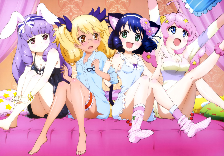absurdres, arm_up, blonde_hair, blue_eyes, blue_hair, brown_ees, chuchu_(show_by_rock!!), cyan_(show_by_rock!!)