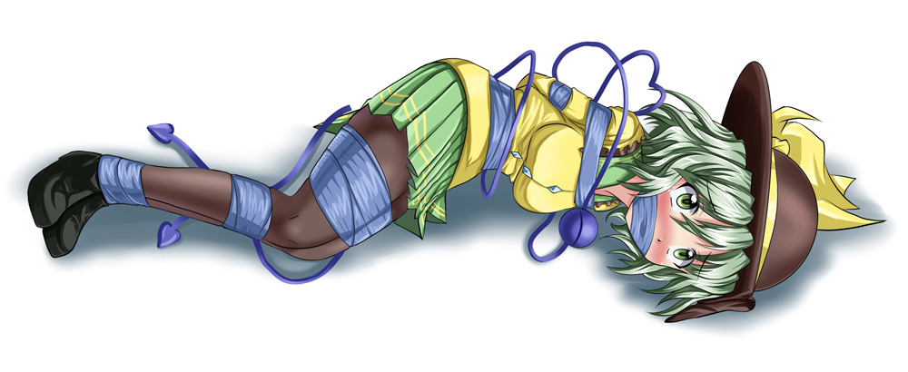 1girl, bdsm, blush, bondage, cyber_(cyber_knight), gagged, green_eyes, green_hair, hat, improvised_gag, komeiji_koishi, pantyhose, short_hair, solo, tape, tape_bondage, tape_gag, third_eye, touhou