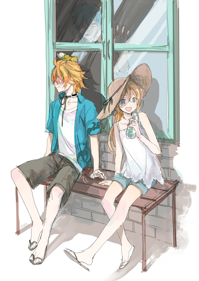 3boys, animal_on_head, bench, blonde_hair, blue_eyes, blue_hair, blush, bottle