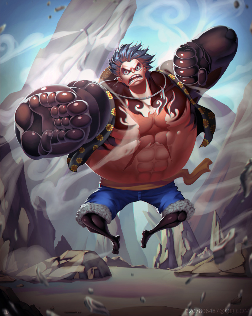 1boy, abs, absurdres, black_hair, fighting_stance, full_body, fur_trim, gear_fourth