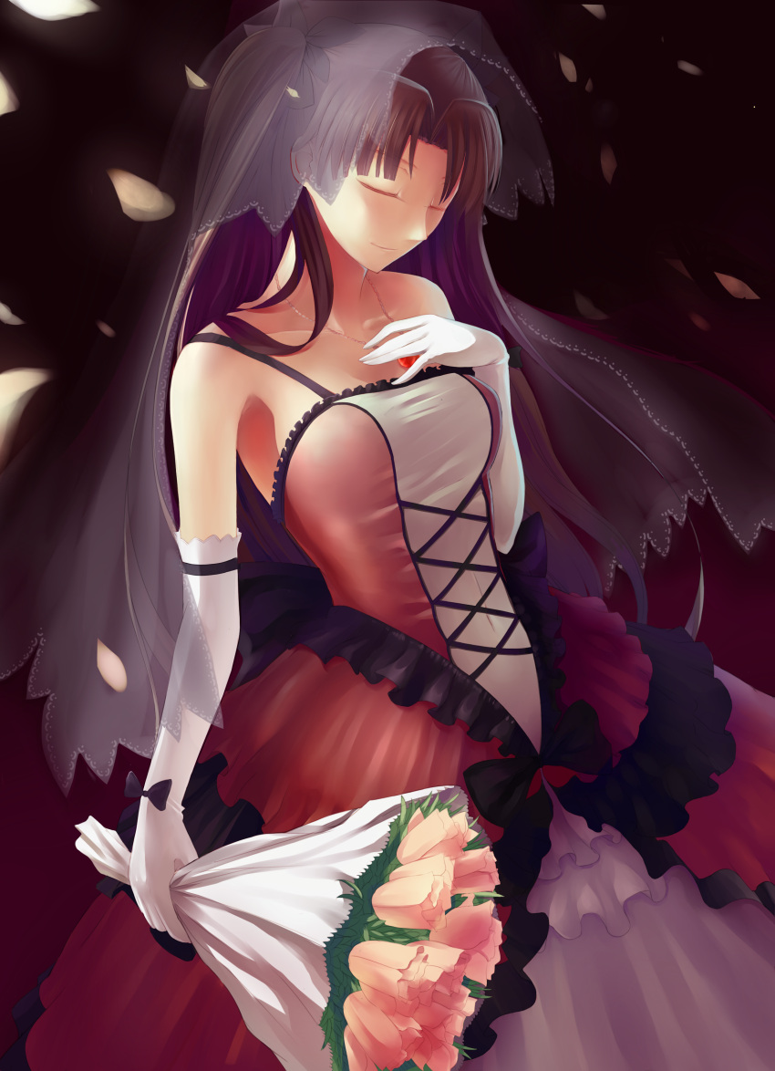 1girl, absurdres, bouquet, closed_eyes, dress, elbow_gloves, fakerx, fate/stay_night, fate_(series), flower, gloves, hair_ribbon, highres, jewelry, long_hair, necklace, ribbon, solo, toosaka_rin, veil, wedding_dress