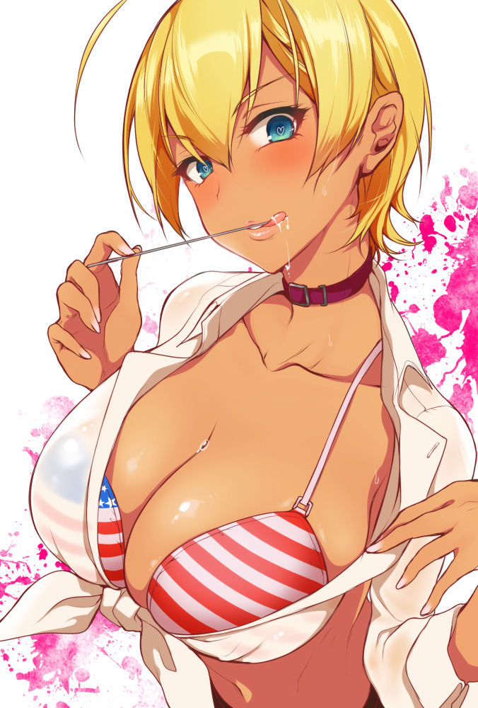 1girl, ahoge, bikini, bikini_top, blonde_hair, blue_eyes, breasts, cleavage