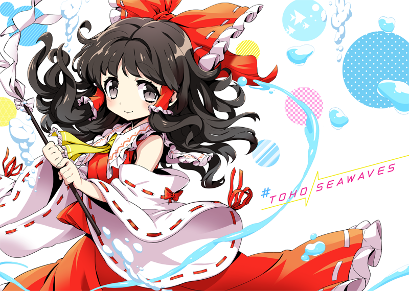 1girl, ascot, black_eyes, bow, bubble, checkered, detached_sleeves, fish