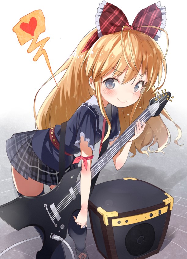 1girl, arm_ribbon, bass_guitar, belt, blonde_hair, blue_eyes, bow, gomibox