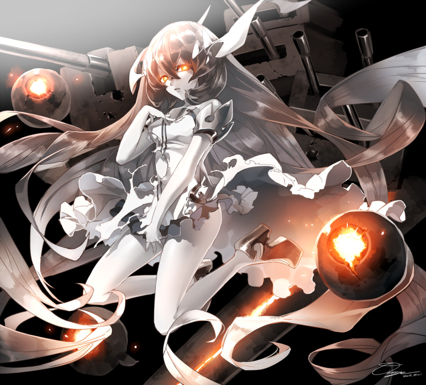 1girl, anchorage_water_oni, black_hair, dress, grey_hair, highres, horns, kantai_collection