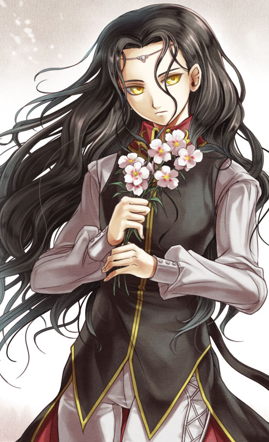 1girl, black_hair, circlet, expressionless, fire_emblem, fire_emblem:_rekka_no_ken, flower, limstella_(fire_emblem)