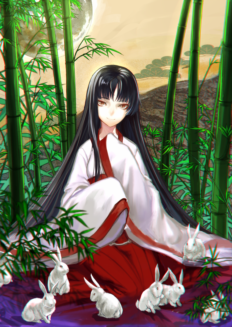 1girl, alternate_costume, animal, bamboo, bamboo_forest, black_hair, brown_eyes, chromatic_aberration