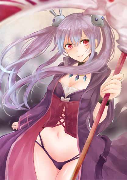 ajipontarou, hair_ornament, jewelry, long_hair, memento_(sennen_sensou_aigis), midriff, necklace, purple_hair