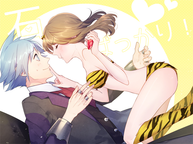 1boy, 1girl, ascot, bikini, blue_eyes, blush, brown_hair, closed_eyes, cosplay, haruka_(pokemon), haruka_(pokemon)_(remake), heart, horns, jewelry, lum, lum_(cosplay), miyamotokannn, pokemon, pokemon_(game), pokemon_oras, pout, profile, ring, short_hair, silver_hair, smile, swimsuit, tiger_print, tsuwabuki_daigo, urusei_yatsura