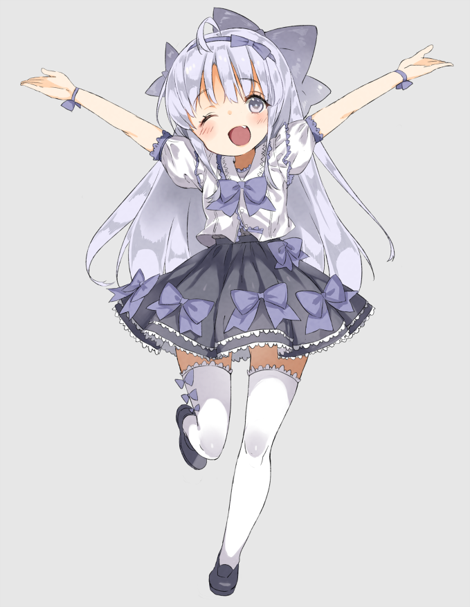 1girl, blush, bow, dress, gomibox, grey_eyes, hair_bow, hair_ribbon