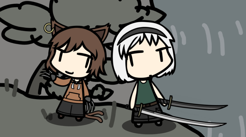 2girls, alternate_costume, cat_ears, chen, chibi, claws, dual_wielding, eeveeheart151
