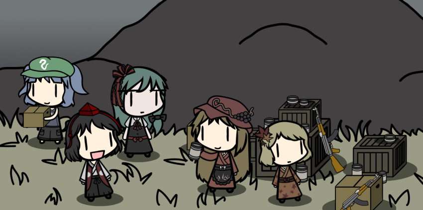 5girls, adapted_costume, ak-47, aki_minoriko, aki_shizuha, alternate_costume, assault_rifle, box, can, chibi, crate, eeveeheart151, gensokyo_apocalypse, gun, kagiyama_hina, kawashiro_nitori, shameimaru_aya, tagme, touhou, walfas, weapon