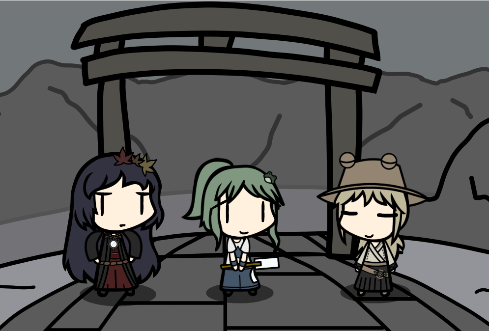 3girls, adapted_costume, alternate_costume, alternate_hair_length, eeveeheart151, gensokyo_apocalypse, kochiya_sanae, moriya_suwako