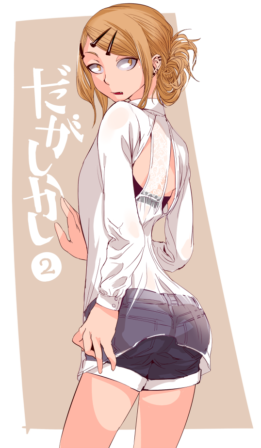 1girl, back, brown_eyes, brown_hair, dagashi_kashi, denim, denim_shorts, earrings