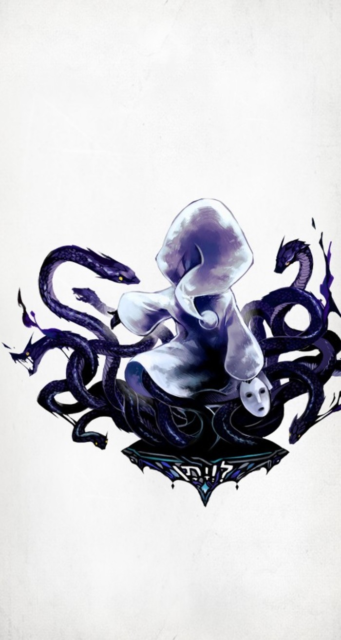 1girl, deemo, highres, hood, leviathan_(deemo), mask, masked_lady_(deemo), official_art, snake, solo