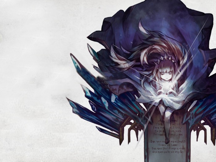 1girl, blue_dress, closed_eyes, crystal, deemo, dress, girl_(deemo), long_hair