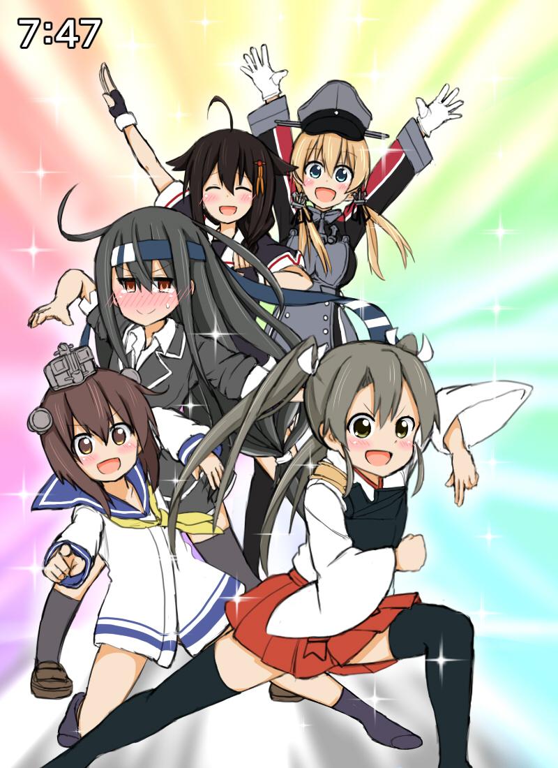 >:>, >:d, 5girls, :d, ahoge, atsushi_(aaa-bbb), black_hair, blonde_hair