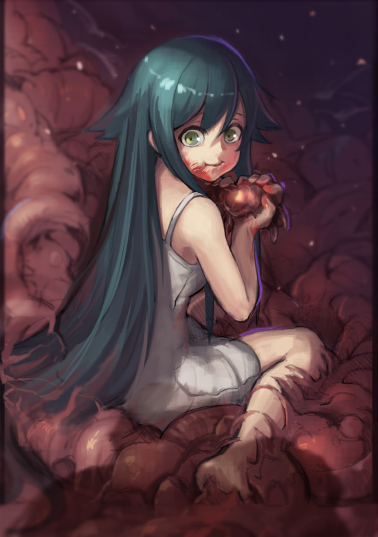 1girl, barefoot, blood, dress, eating, entrails, green_eyes, green_hair