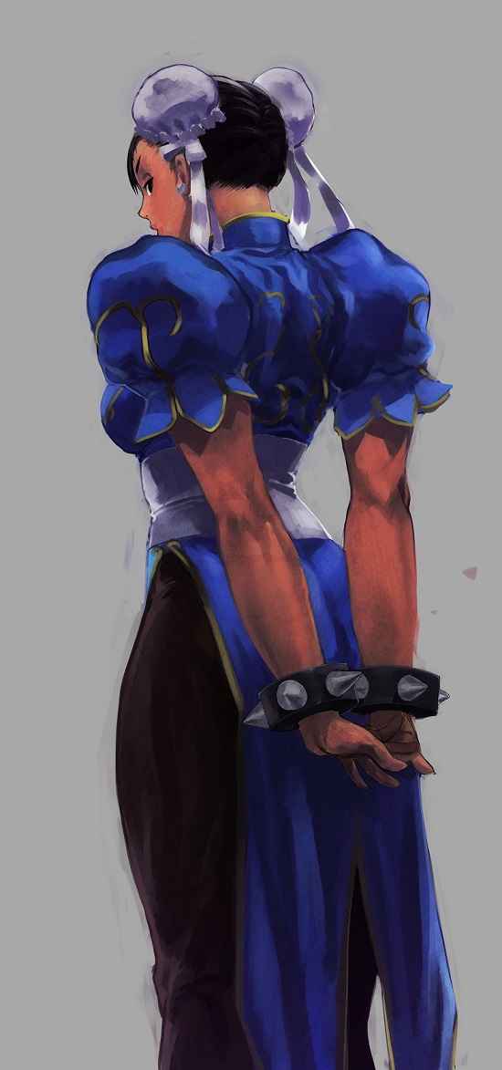 1girl, arms_behind_back, black_hair, bracelet, bun_cover, china_dress, chinese_clothes, chun-li, cowboy_shot, double_bun, from_behind, interlocked_fingers, jewelry, looking_back, niwakaike, pantyhose, sash, short_hair, side_slit, solo, spiked_bracelet, spikes, street_fighter, thick_thighs, thighs