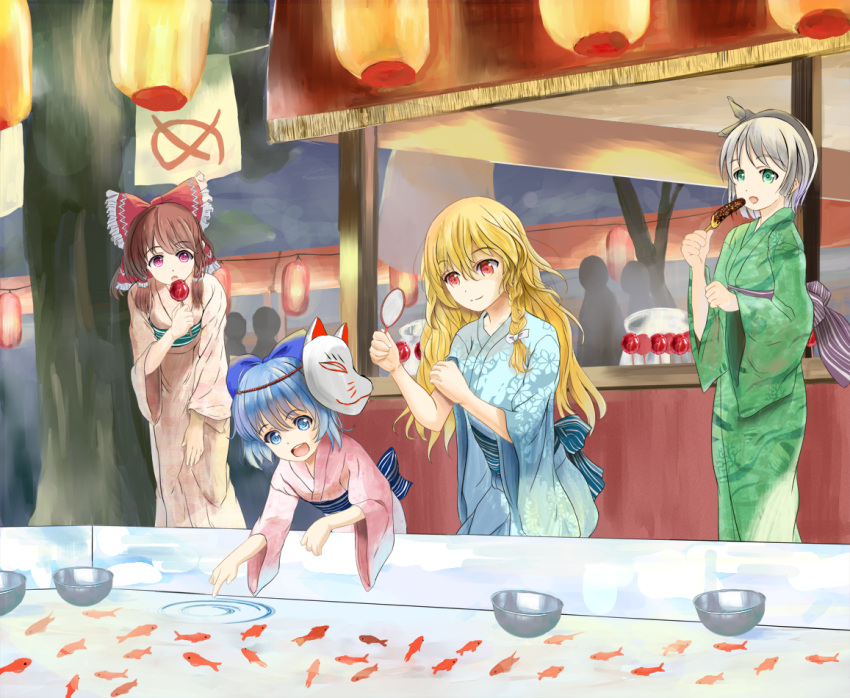 4girls, alternate_costume, alternate_eye_color, bending_forward, blonde_hair, blue_eyes, blue_hair, bowl