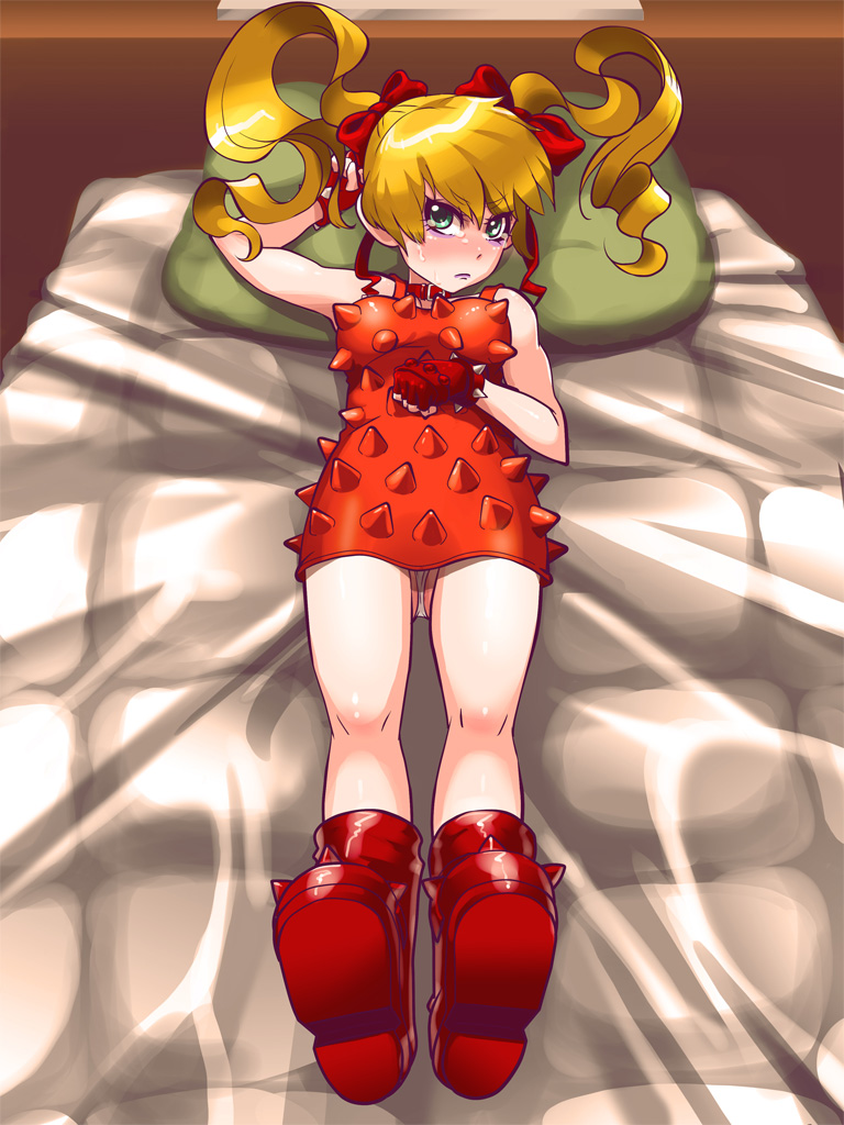 1girl, ankle_boots, bed, blonde_hair, blue_eyes, blush, boots, bow