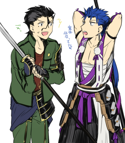 2boys, black_hair, blue_hair, cosplay, fate/stay_night, fate/zero, fate_(series), kusazuri, lancer, lancer_(fate/zero), multiple_boys, naginata, otegine, otegine_(cosplay), parody, polearm, ruchi, tonbokiri_(touken_ranbu), tonbokiri_(touken_ranbu)_(cosplay), touken_ranbu, weapon