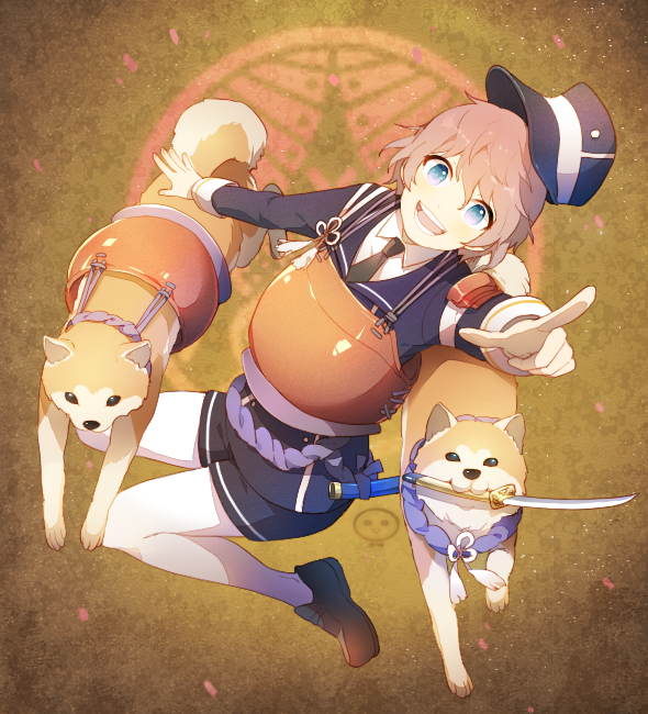1boy, akita_inu, akita_toushirou, blue_eyes, dog, hat, looking_at_viewer, male_focus